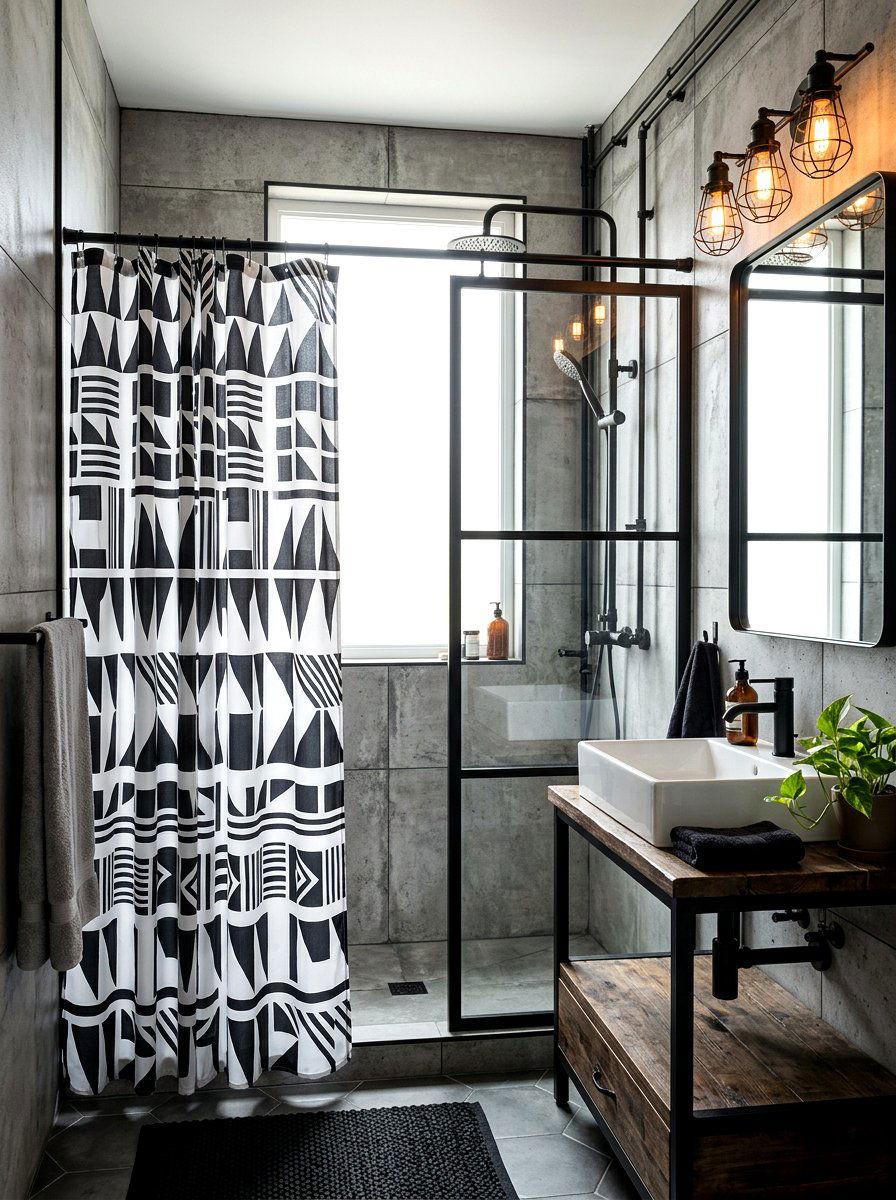 Black white geometric shower curtain - 30 shower curtain bathroom ideas
