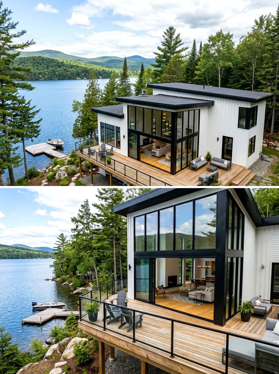 Black window frame lake house - 30 lake house exterior ideas