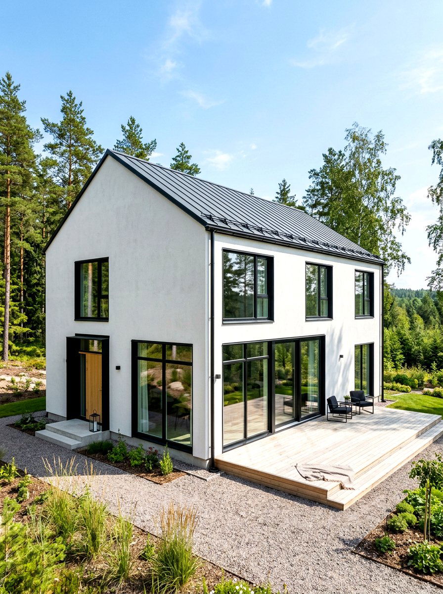 Black window frames Scandinavian house - 30 Scandinavian house exterior ideas