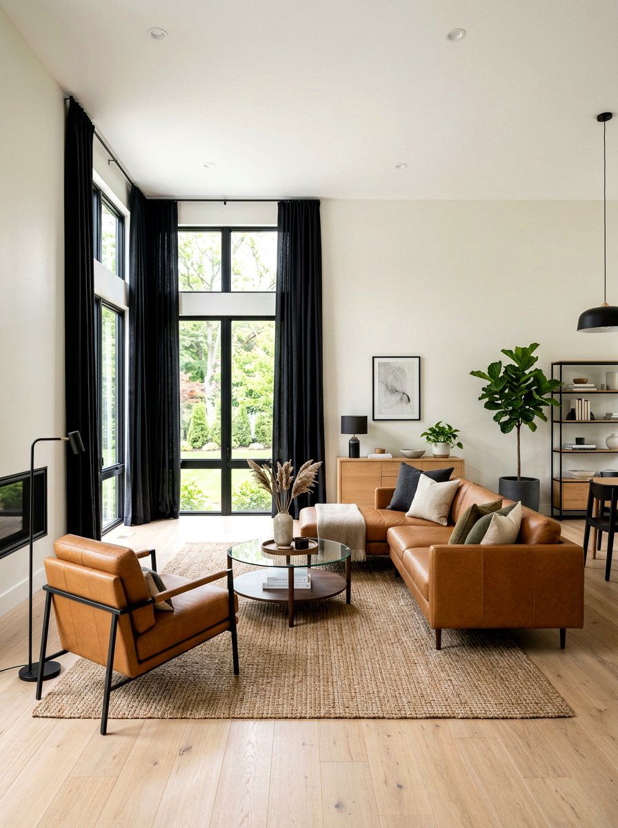 Black window treatments caramel furniture - 30 caramel and black living room ideas