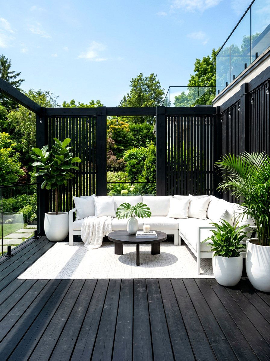 Black wood deck with white seating - 30 black and white patio ideas