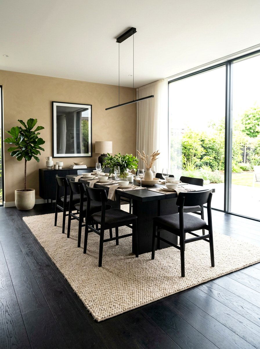 Black wood floor with sand area rug - 30 sand and black decor ideas