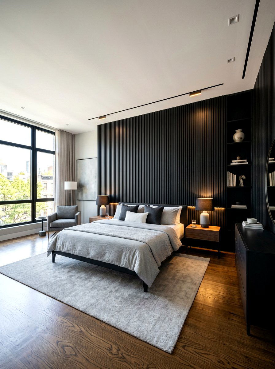 Black wood paneled wall bedroom - 30 black bedroom ideas