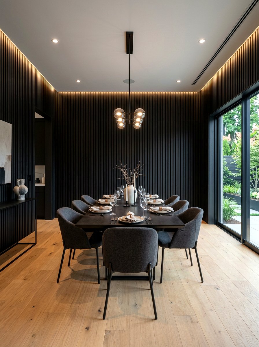 Black wood paneling dining room - 30 black dining room ideas