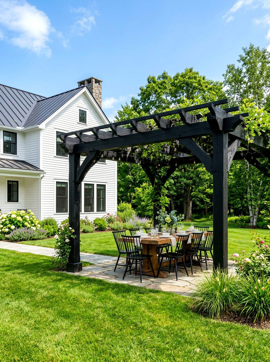 Black wood pergola with white house - 30 black pergola ideas