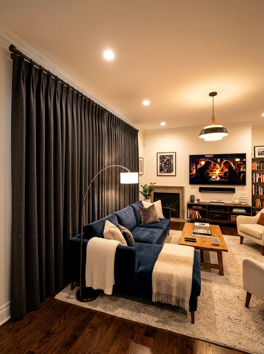 Blackout Lined Living Room - 30 tailored drapery living room ideas