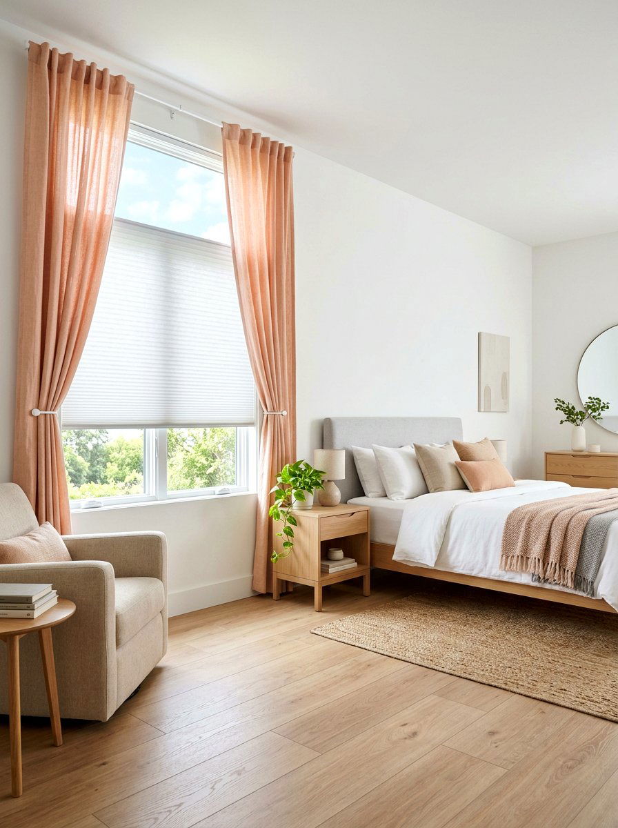 Blackout cellular shades with decorative curtains - 30 bedroom curtain layering ideas