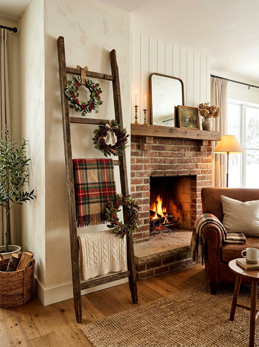 Blanket ladder wreath - 30 wreath wall display ideas