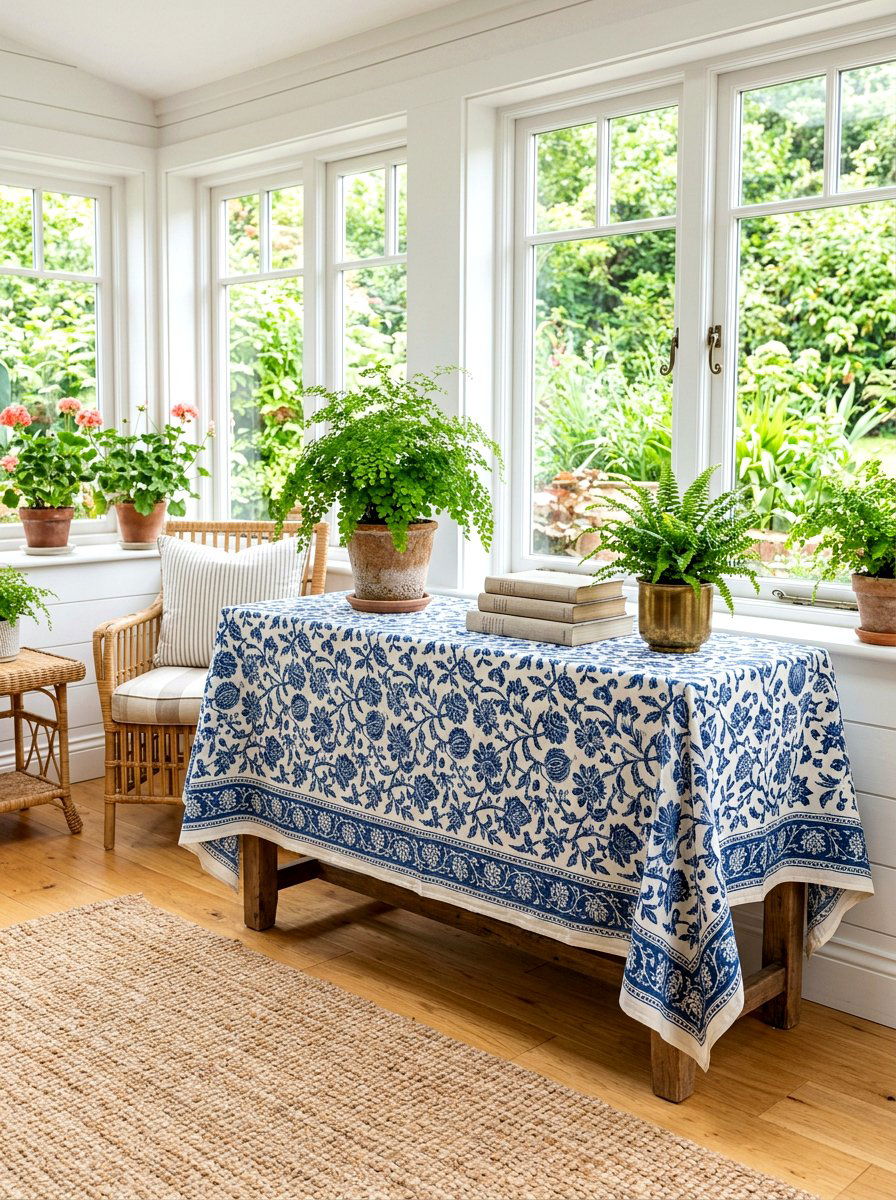 Block print console cover - 30 skirted console table ideas