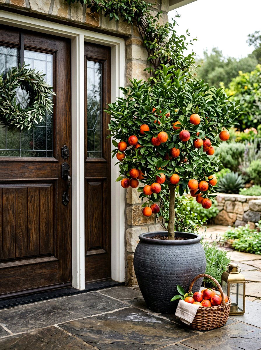 Blood Orange Tree Porch Display - 30 potted citrus front entry ideas