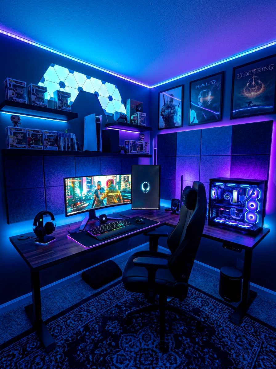 Blue And Purple RGB Gaming Room - 30 gaming teen nook ideas