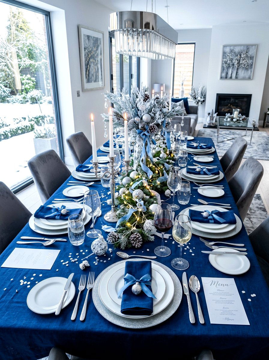 Blue And Silver Festive Table - 30 holiday dining table ideas