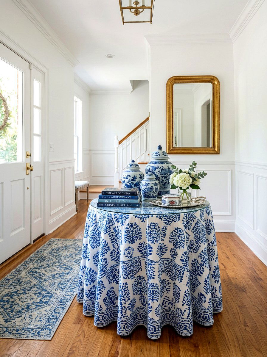 Blue And White Block Print Table - 30 skirted foyer table ideas