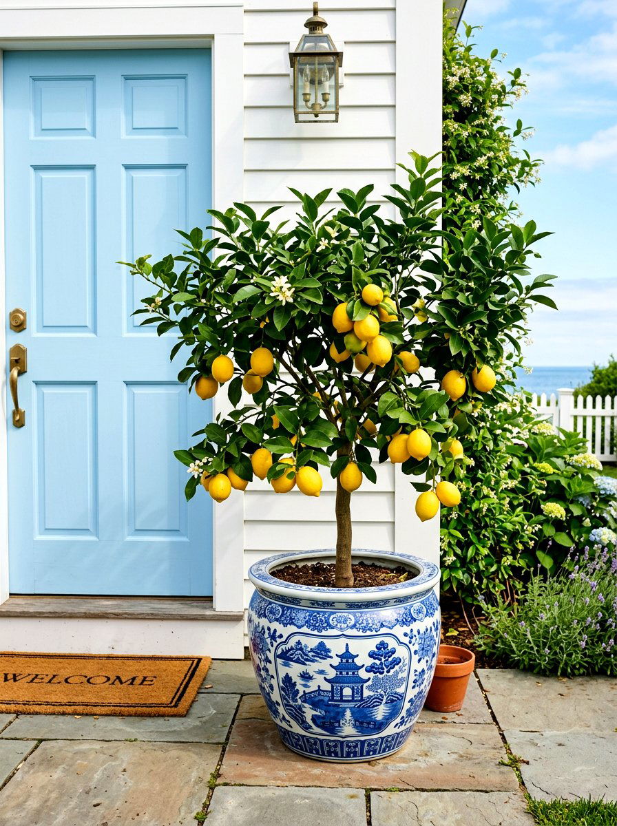 Blue And White Ceramic Citrus Planter - 30 potted citrus front entry ideas