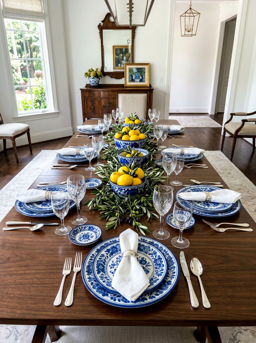 Blue And White Ceramic Plates - 30 lemon and olive summer tablescape ideas