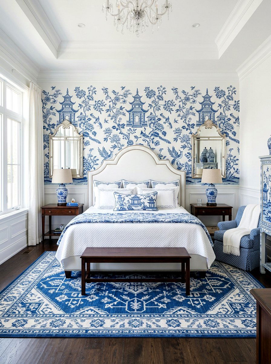 Blue And White Chinoiserie Bedroom - 30 grandmillennial bedroom ideas