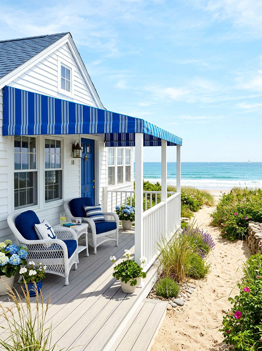 Blue And White Coastal Striped Awning - 30 striped awning front porch ideas