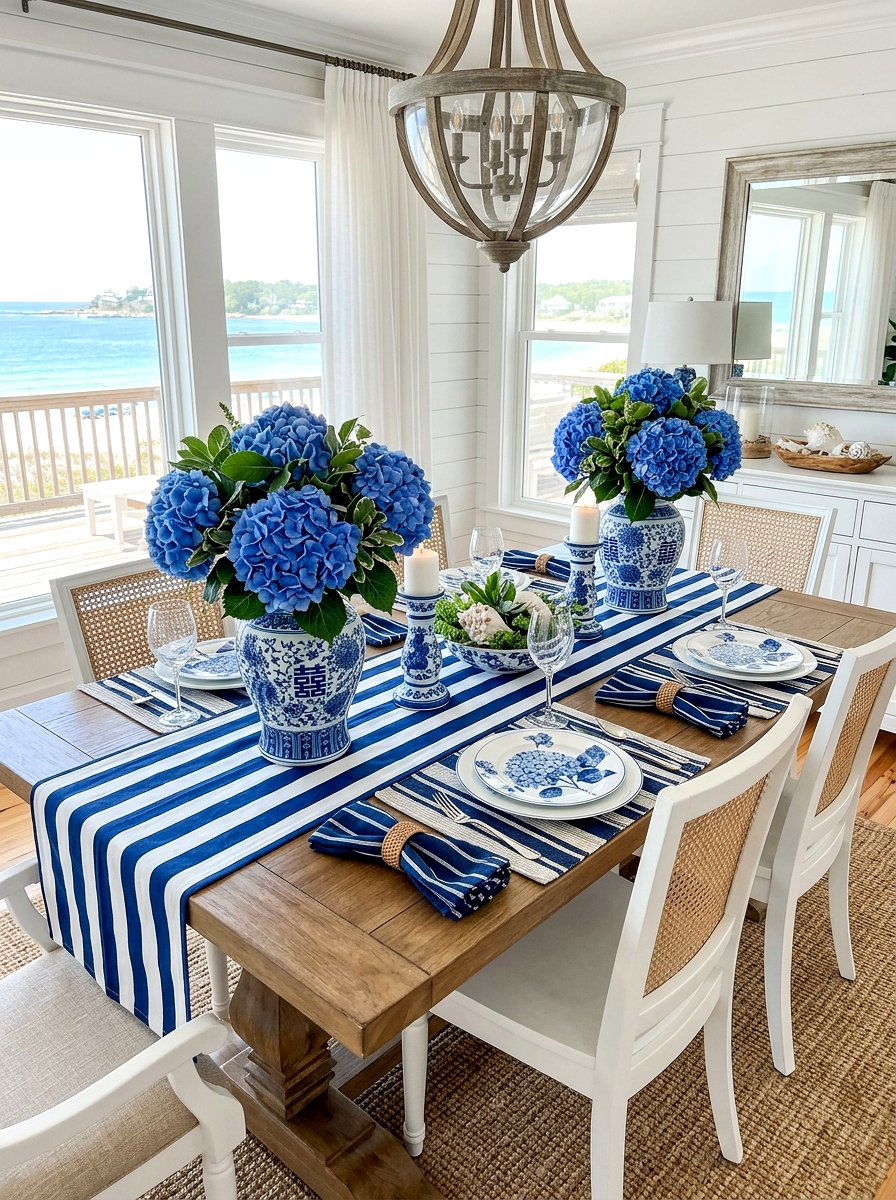 Blue And White Hydrangea Table - 30 floral tablescape ideas