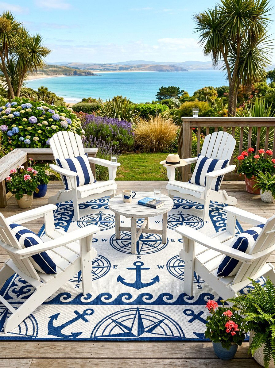 Blue And White Outdoor Rug - 30 breezy coastal patio ideas