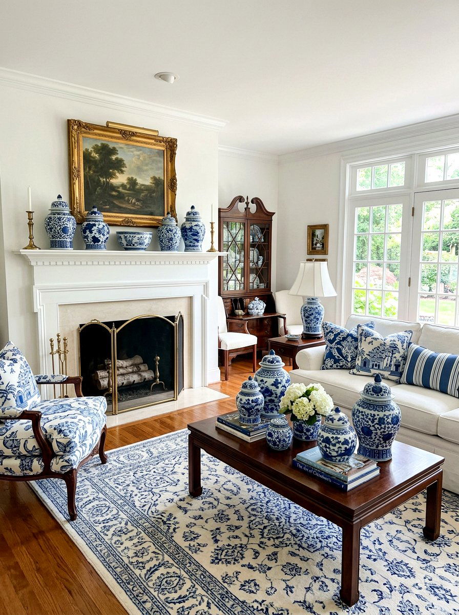 Blue And White Porcelain - 30 old money living room ideas