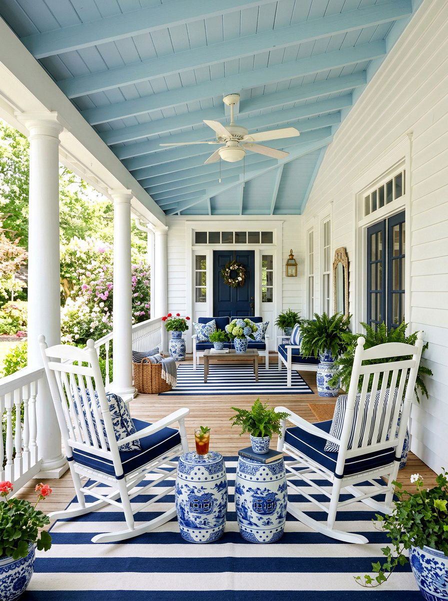 Blue And White Porch - 30 summer front porch ideas