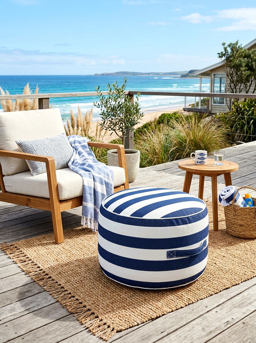 Blue And White Stripe Outdoor Pouf - 30 blue and white stripe porch ideas