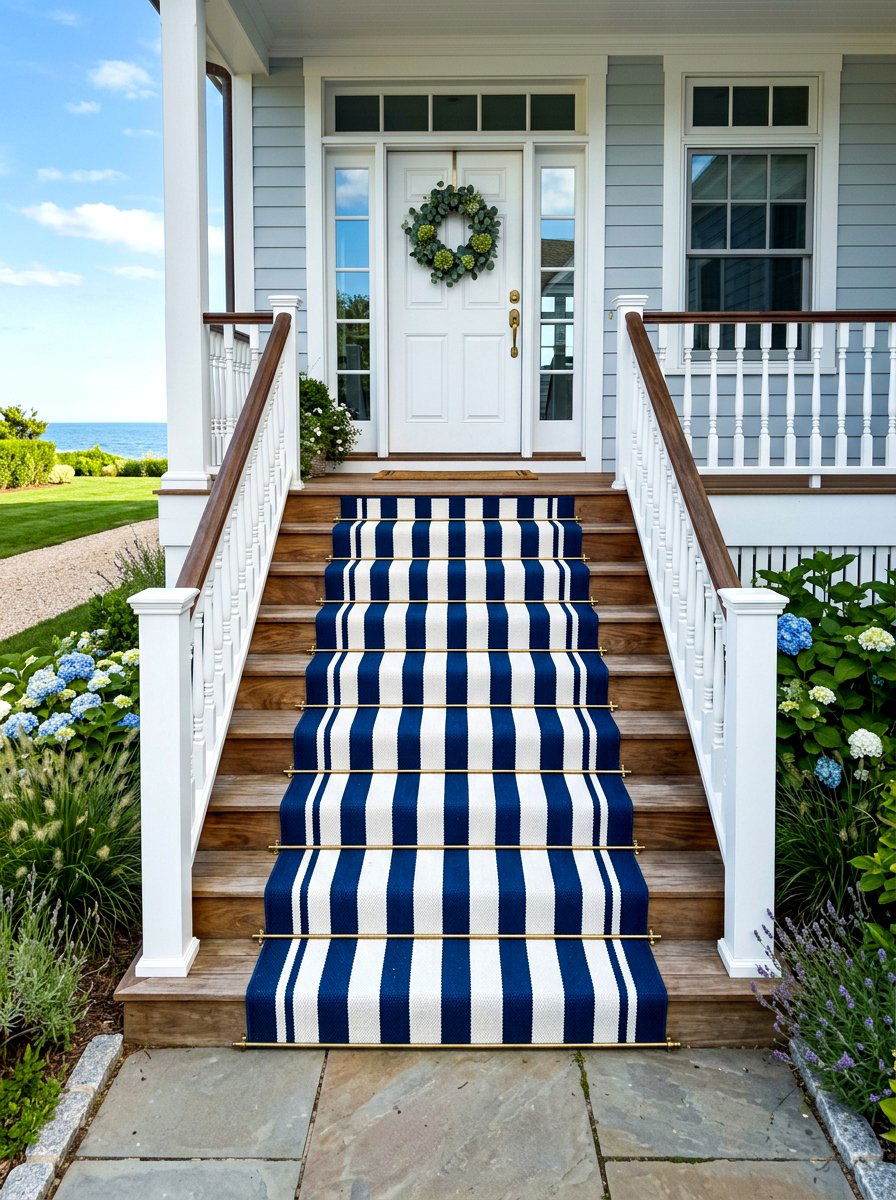 Blue And White Stripe Porch Stair Runner - 30 blue and white stripe porch ideas
