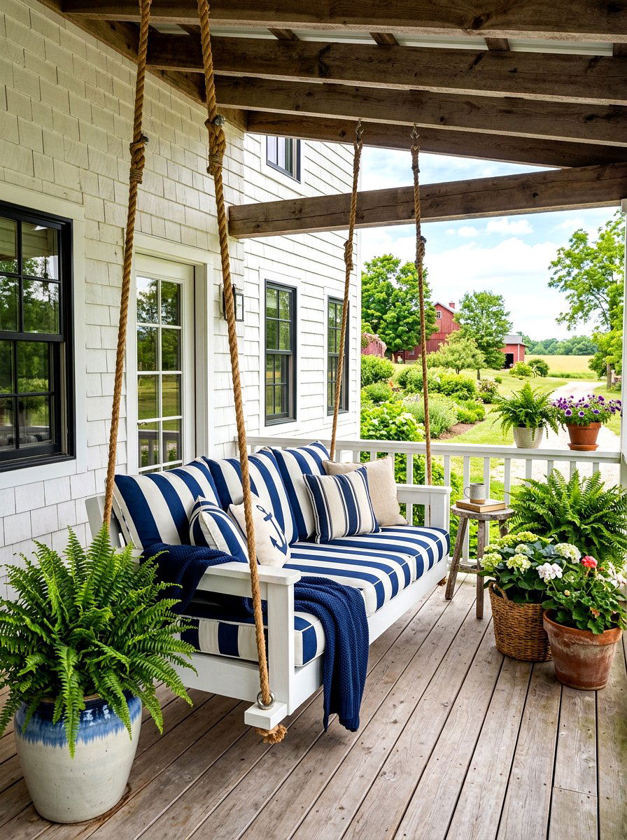Blue And White Stripe Porch Swing - 30 blue and white stripe porch ideas