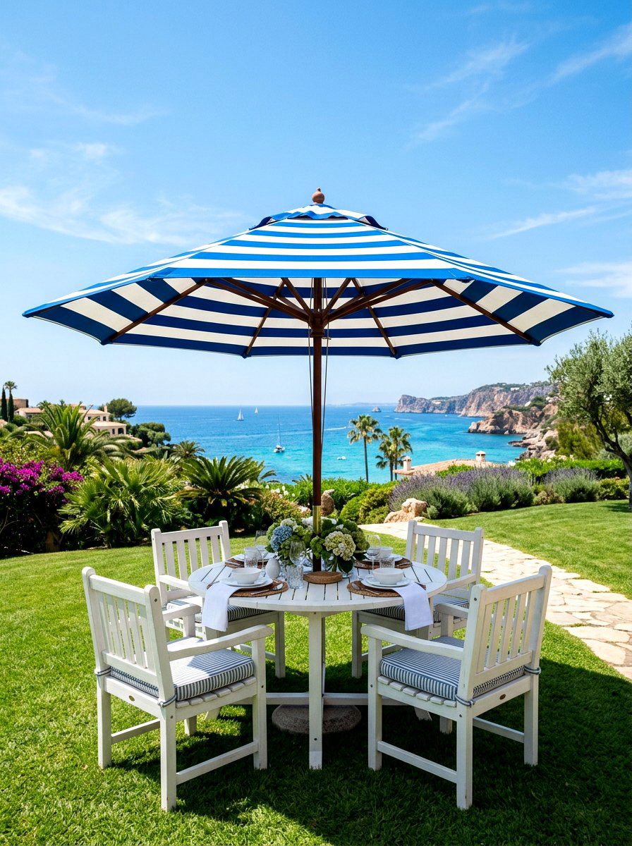 Blue And White Striped Umbrella - 30 Nancy Meyers patio ideas