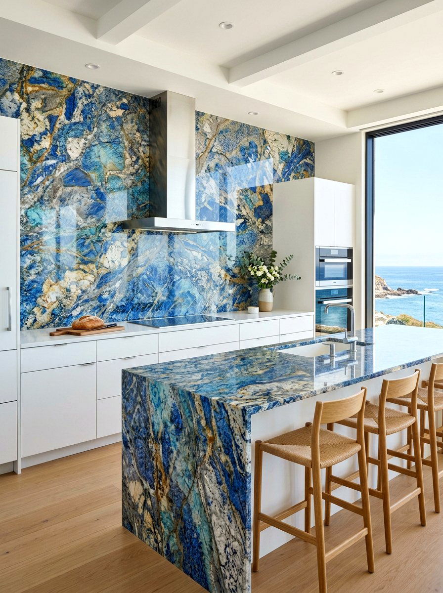 Blue Bahia Granite Wall - 30 full slab stone wall kitchen ideas