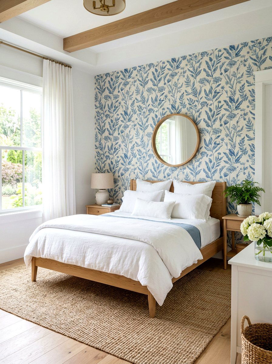 Blue Botanical Wallpaper - 30 bedroom wallpaper accent ideas