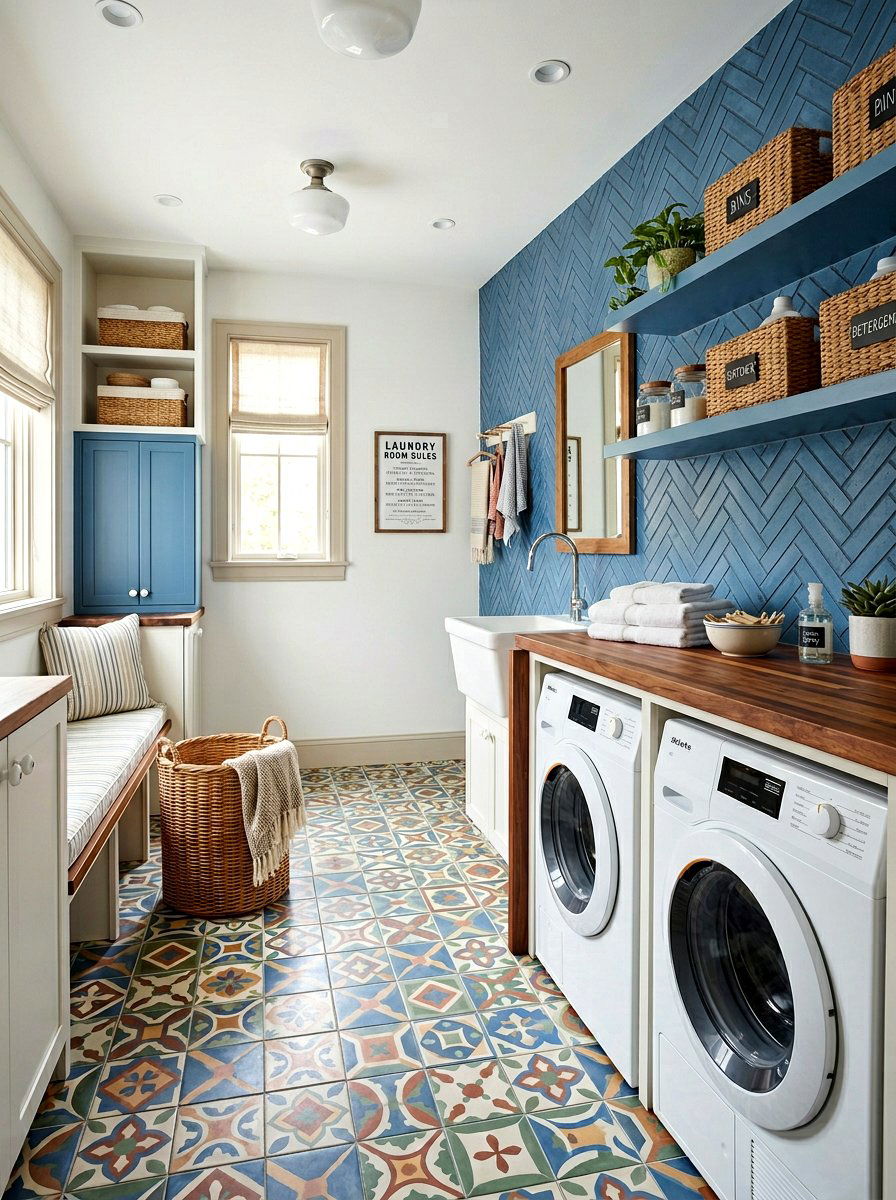 Blue Cement Herringbone Laundry Room - 30 herringbone floor ideas