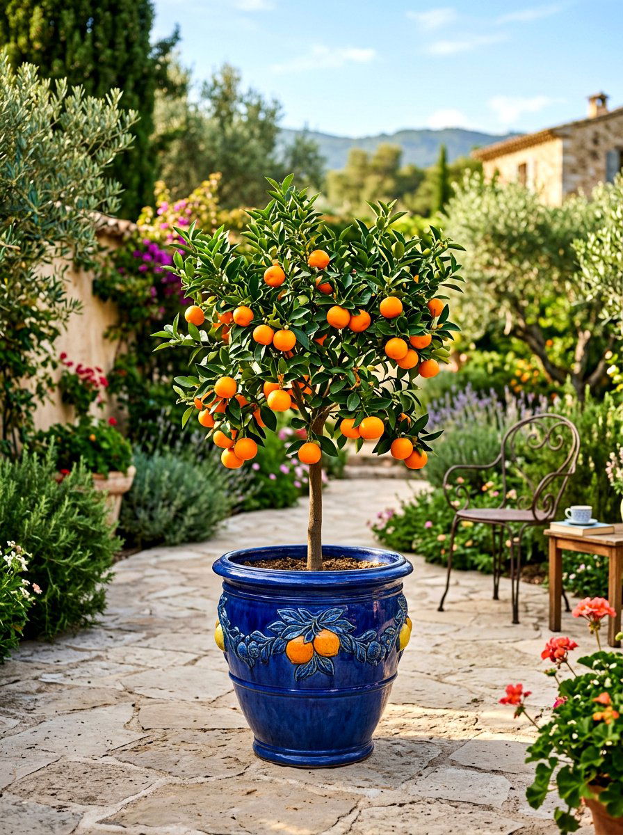 Blue Ceramic Citrus Pot - 30 potted citrus backyard ideas