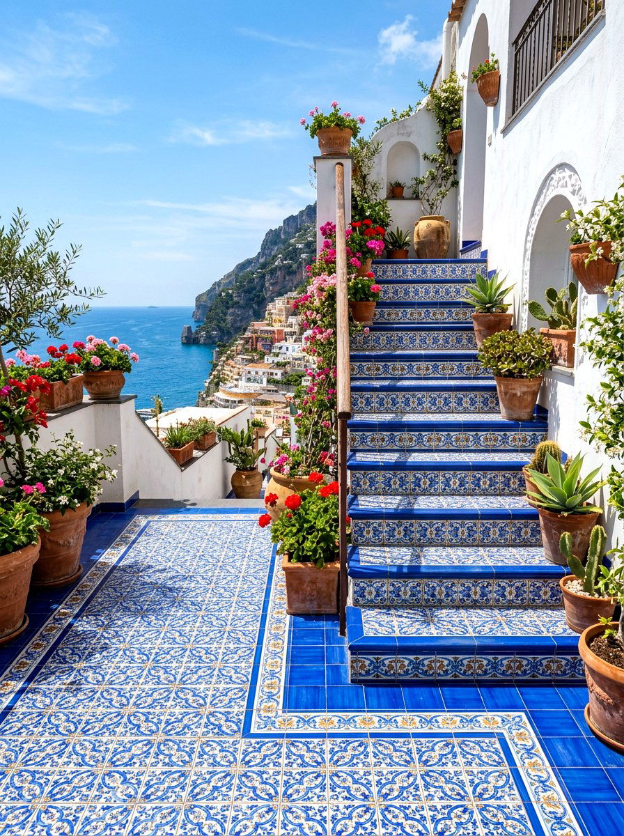 Blue Ceramic Tile Patio - 30 Mediterranean garden ideas