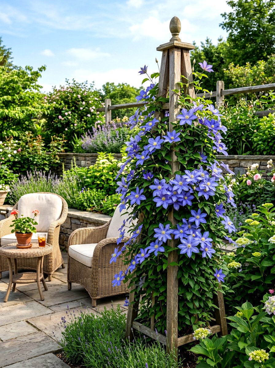 Blue Clematis Vine Trellis - 30 blue flower garden ideas