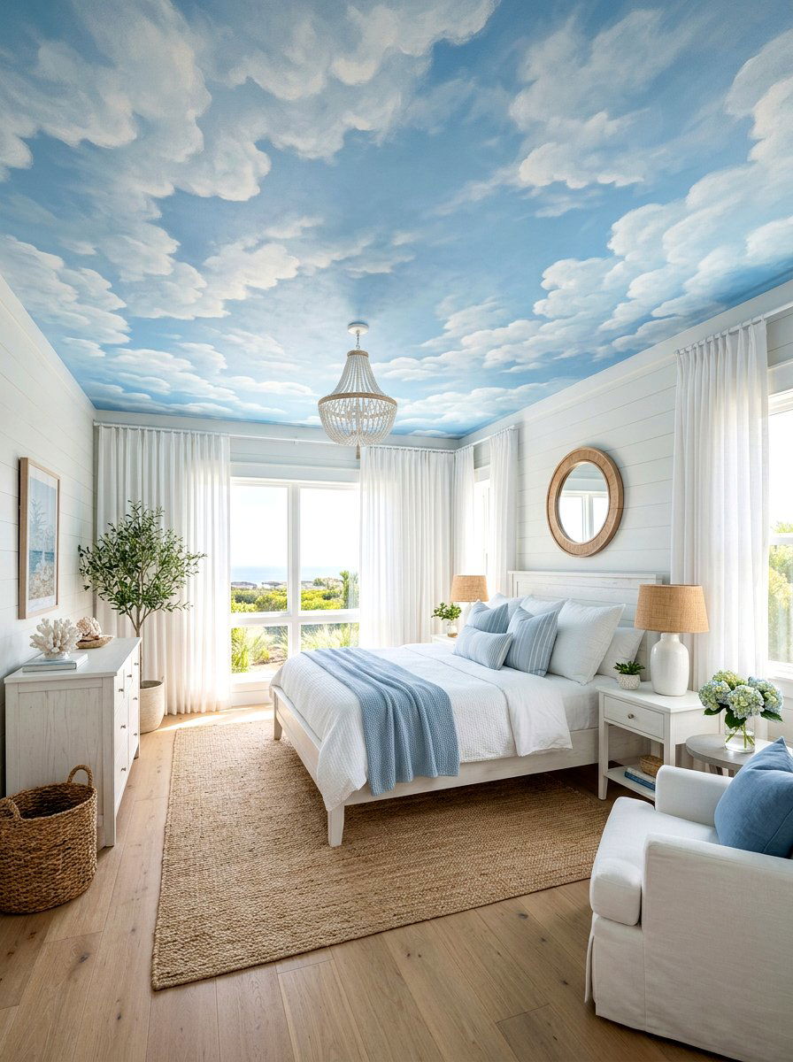 Blue Cloud Mural - 30 ceiling wallpaper bedroom ideas