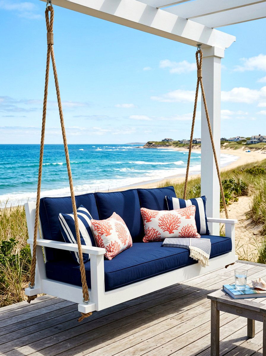 Blue Cushion Coastal Swing - 30 porch daybed swing ideas