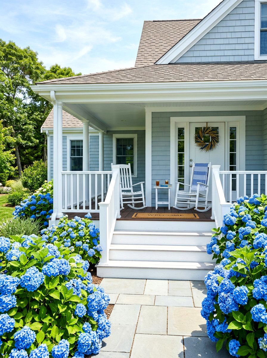 Blue Endless Summer Front Porch - 30 hydrangea border curb appeal ideas