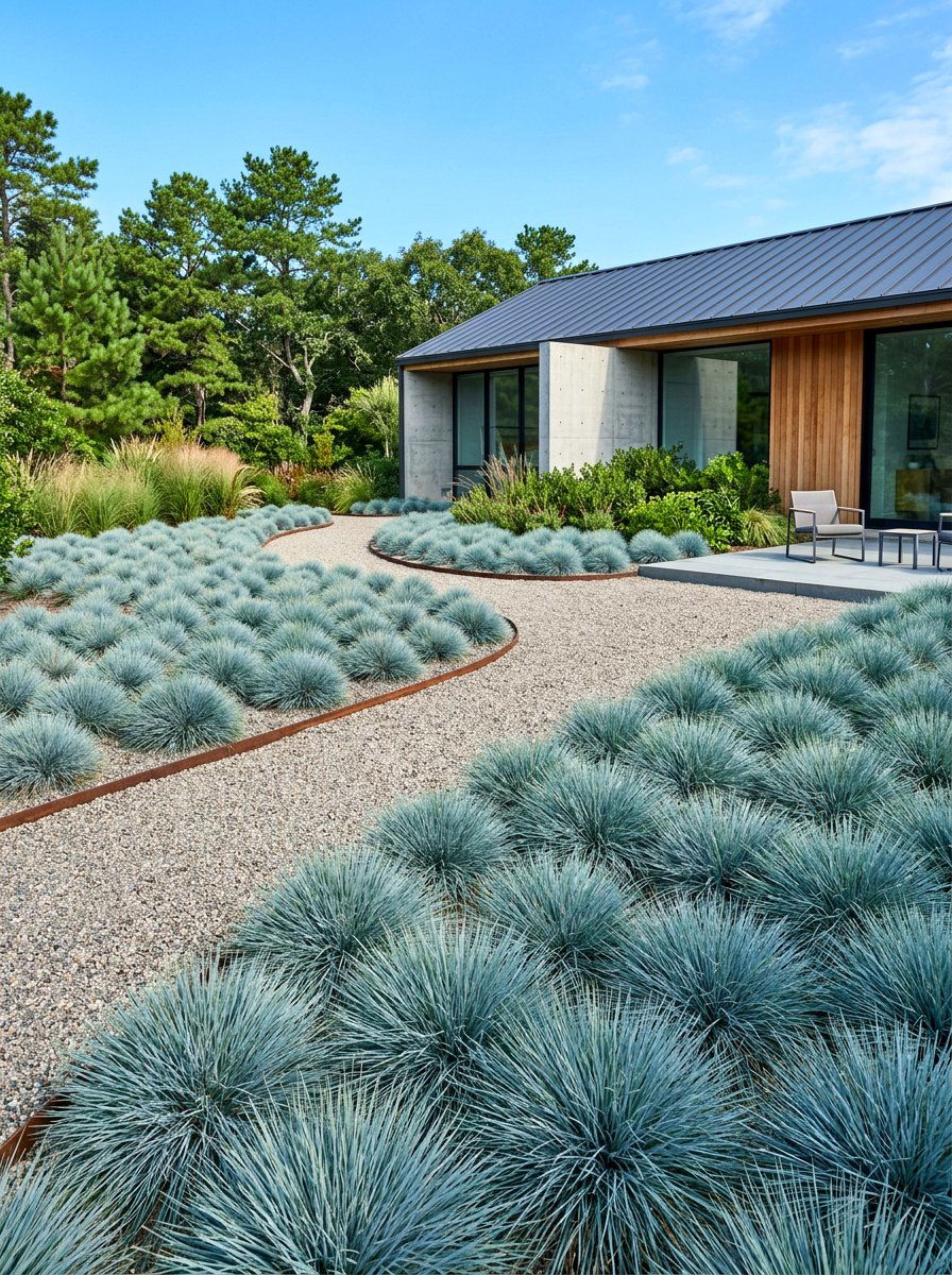 Blue Fescue grass landscape - 30 blue and purple garden ideas