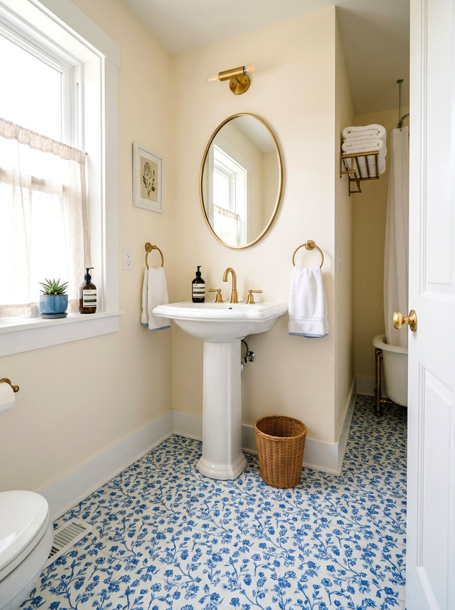 Blue Floral Pattern Tile - 30 peel and stick floor ideas