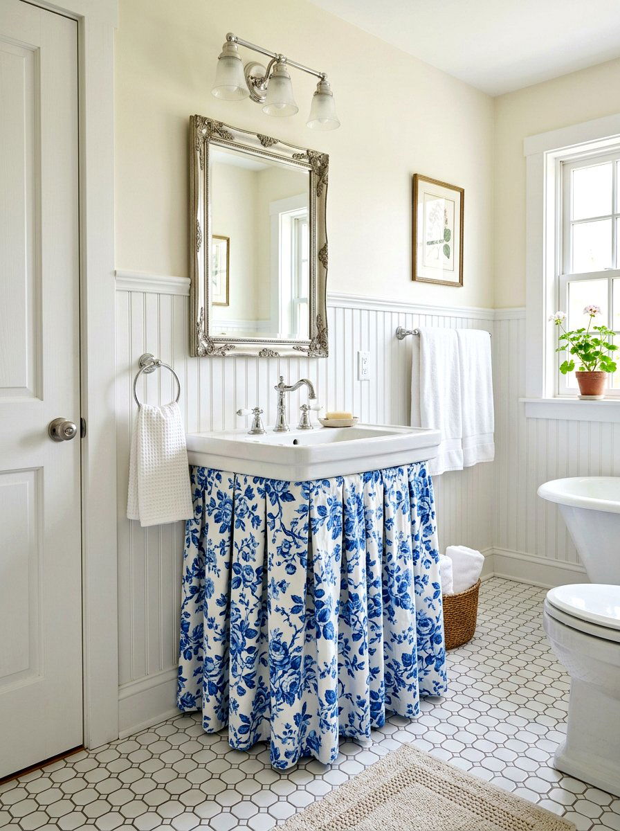 Blue Floral Sink Skirt - 30 skirted vanity ideas