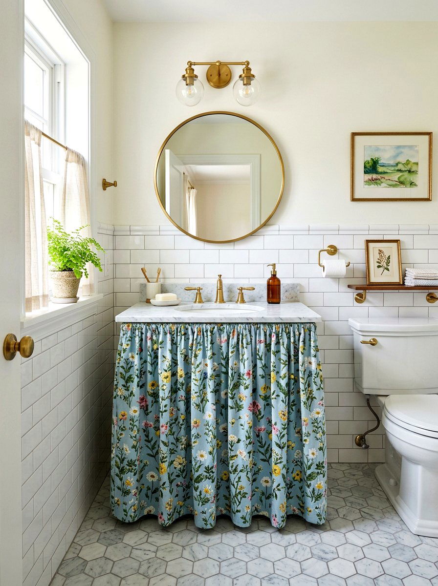 Blue Floral Skirted Vanity - 30 skirted powder room sink ideas