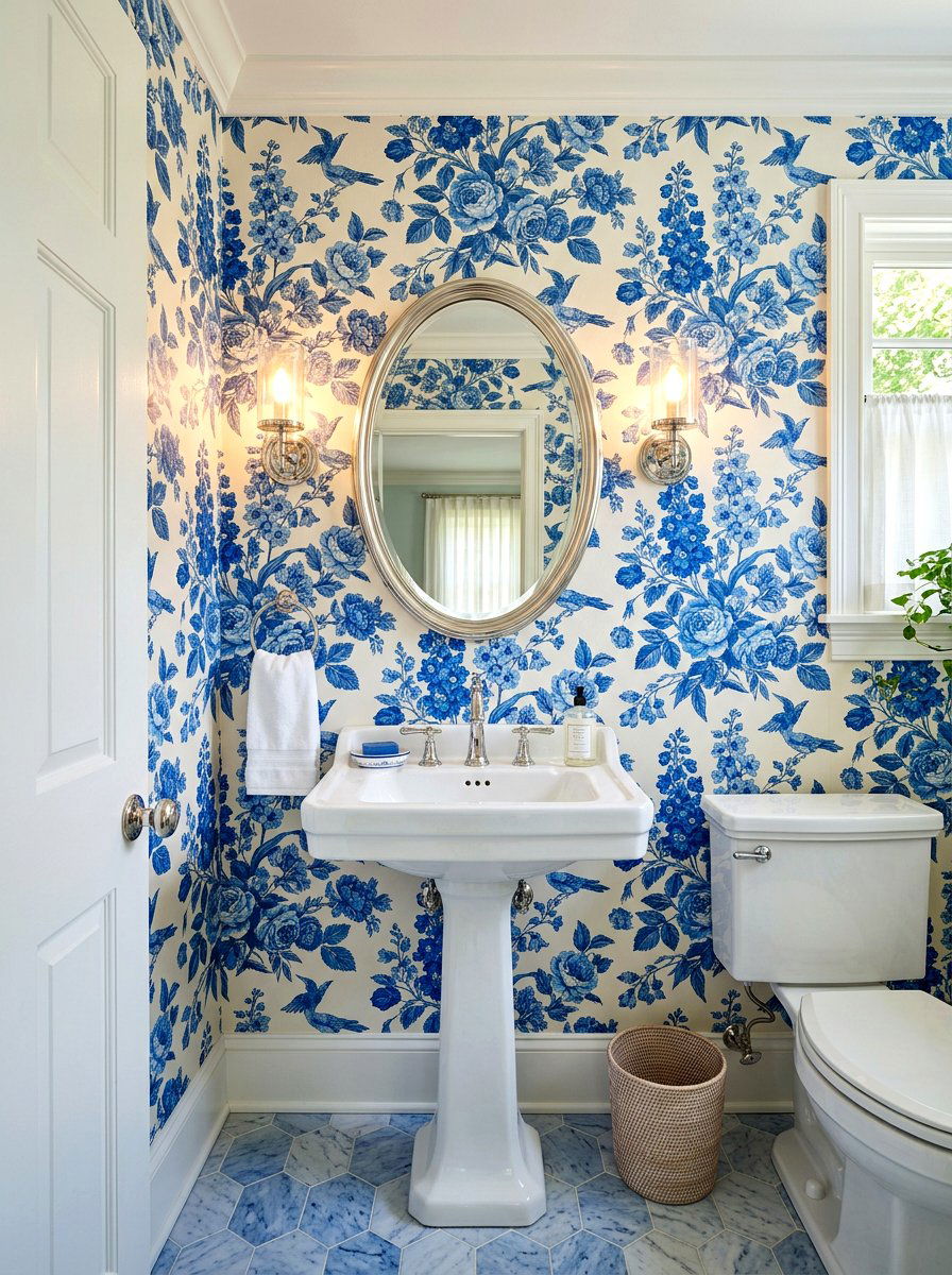 Blue Floral Wallpaper - 30 wallpapered powder room ideas