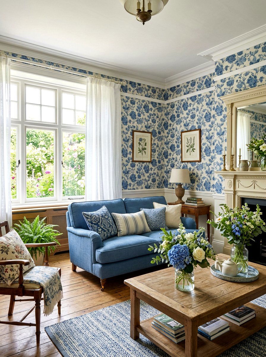 Blue Floral Wallpaper Living Room - 30 denim blue living room ideas