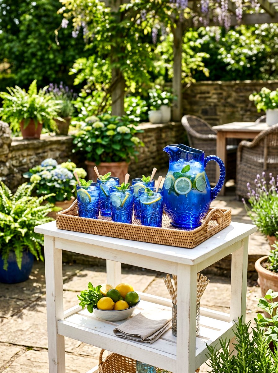 Blue Glass Drink Station - 30 Nancy Meyers outdoor dining ideas