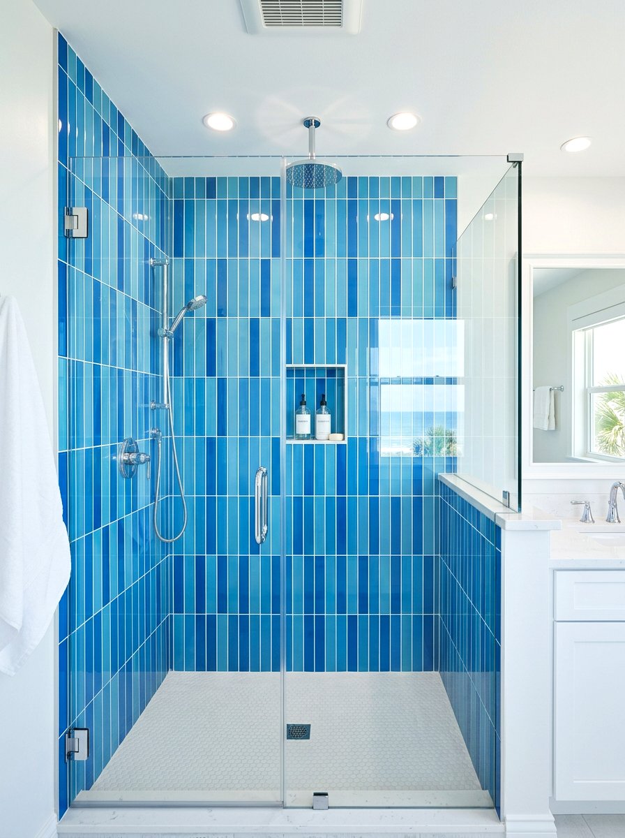 Blue Glass Vertical Tile - 30 vertical tile shower ideas
