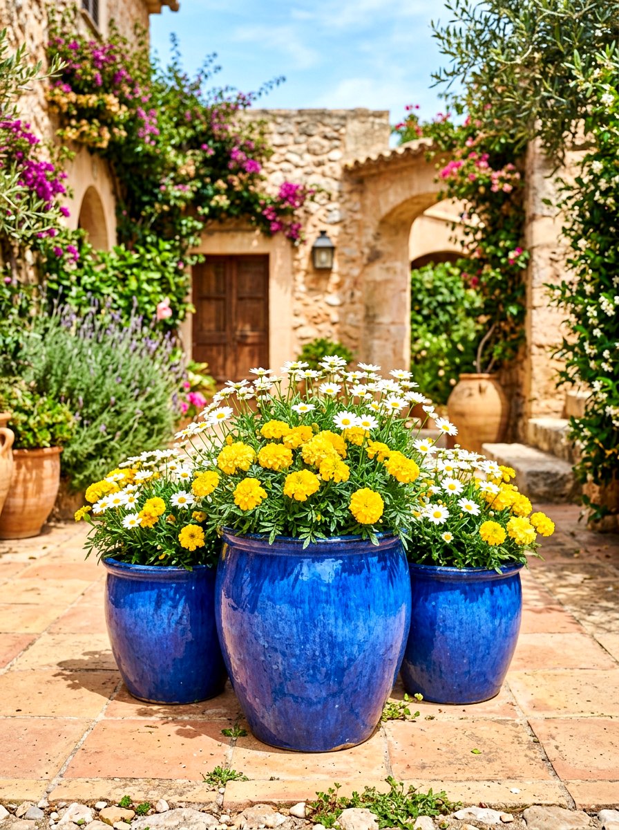 Blue Glazed Ceramic Pots - 30 porch planter arrangement ideas