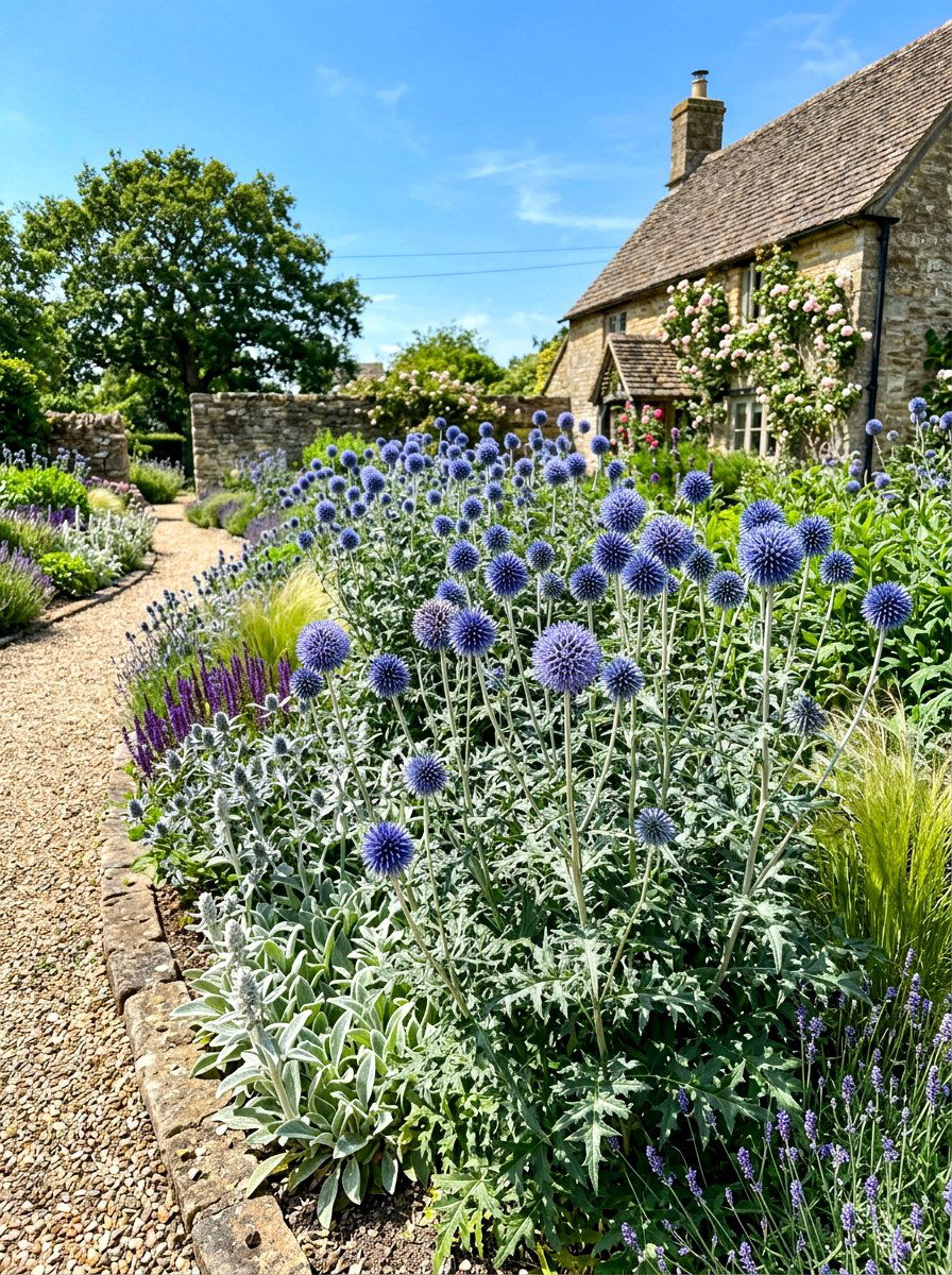 Blue Globe Thistle landscape - 30 blue and purple garden ideas