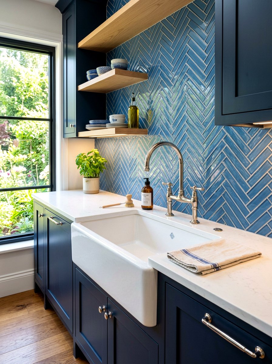 Blue Herringbone Backsplash - 30 blue bathroom ideas