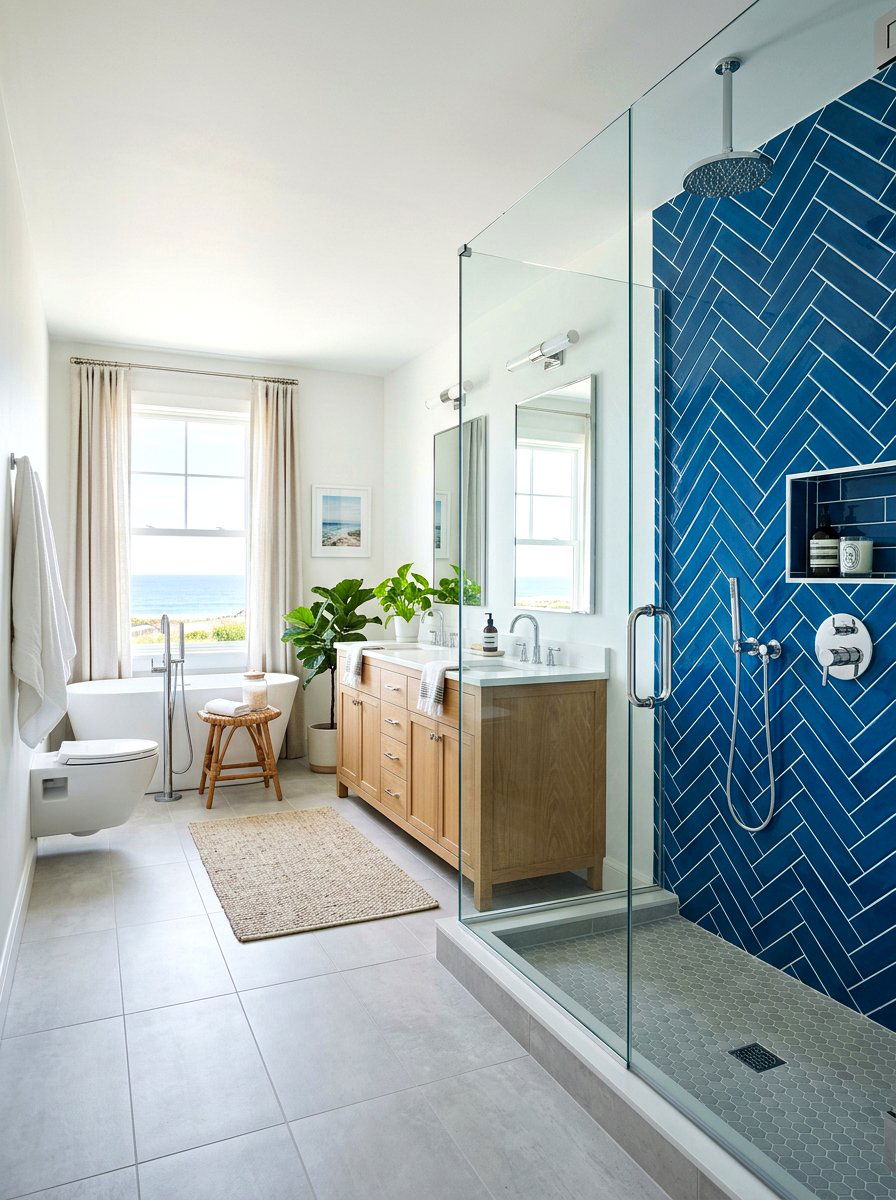 Blue Herringbone Shower Wall - 30 bathroom accent tile ideas